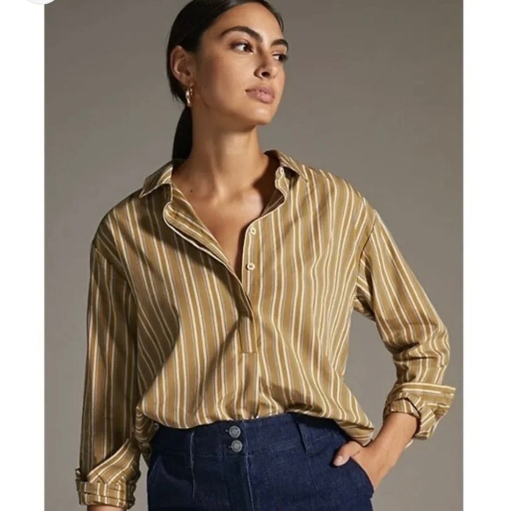 Anthropologie Striped Button Side Tunic‎ Shirt Green Yellow XS High Low Hem